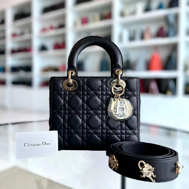 Christian Dior Saddle bags with a studded trim for a bold lookLady Small Cannage Lambskin Charm Badge ABC MYABC Dark Grey Gray GHW