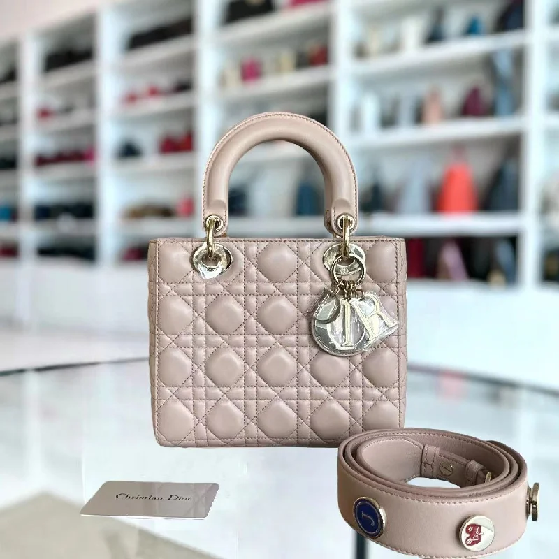 Christian Dior handbags with a snap - button closure and a decorative buckleLady Small Cannage Lambskin Nude Pink Charm Badge ABC MYABC LGHW