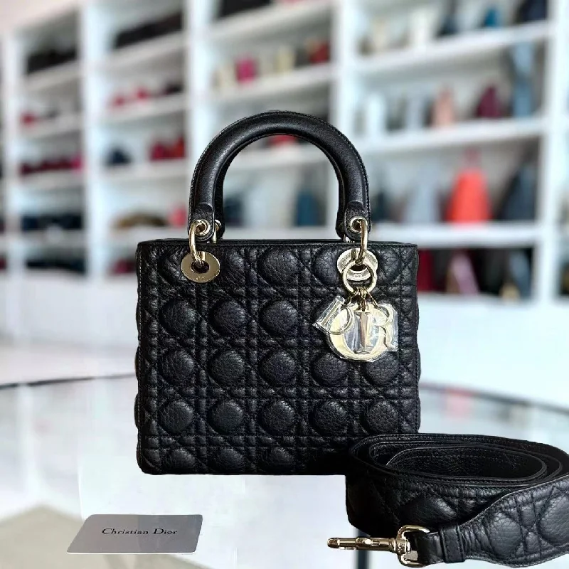 Christian Dior handbags with a removable shoulder strap for versatility*Flap Version* Lady Medium Flap Cannage Grained Calfskin  Black GHW