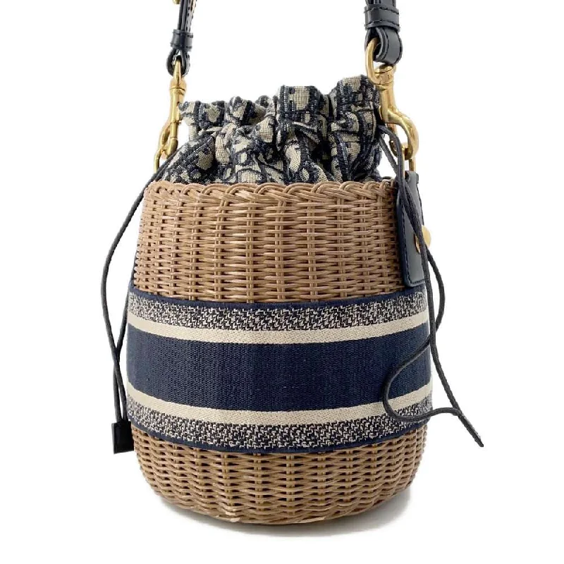 Luxury Christian Dior crossbody bags with a chain - link strapDior ObliqueWicker Basket Drawstring Bag Shoulder Bag Brown/Navy M7600CMVO Rattan Canvas